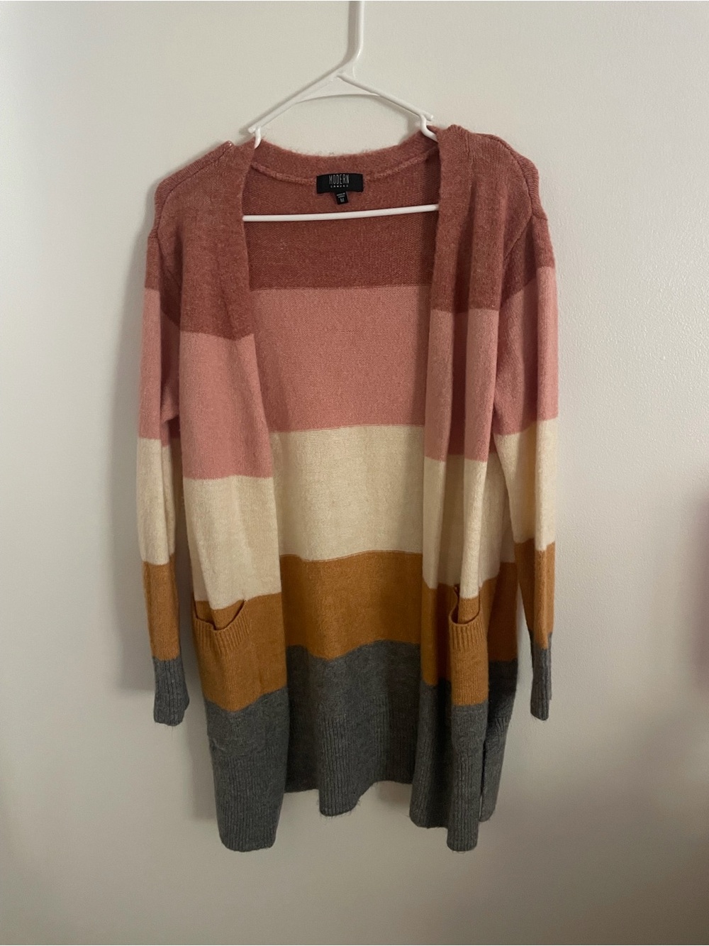 Open-Front Striped Cardigan Sweater in Pink, Cream & Gray Size M